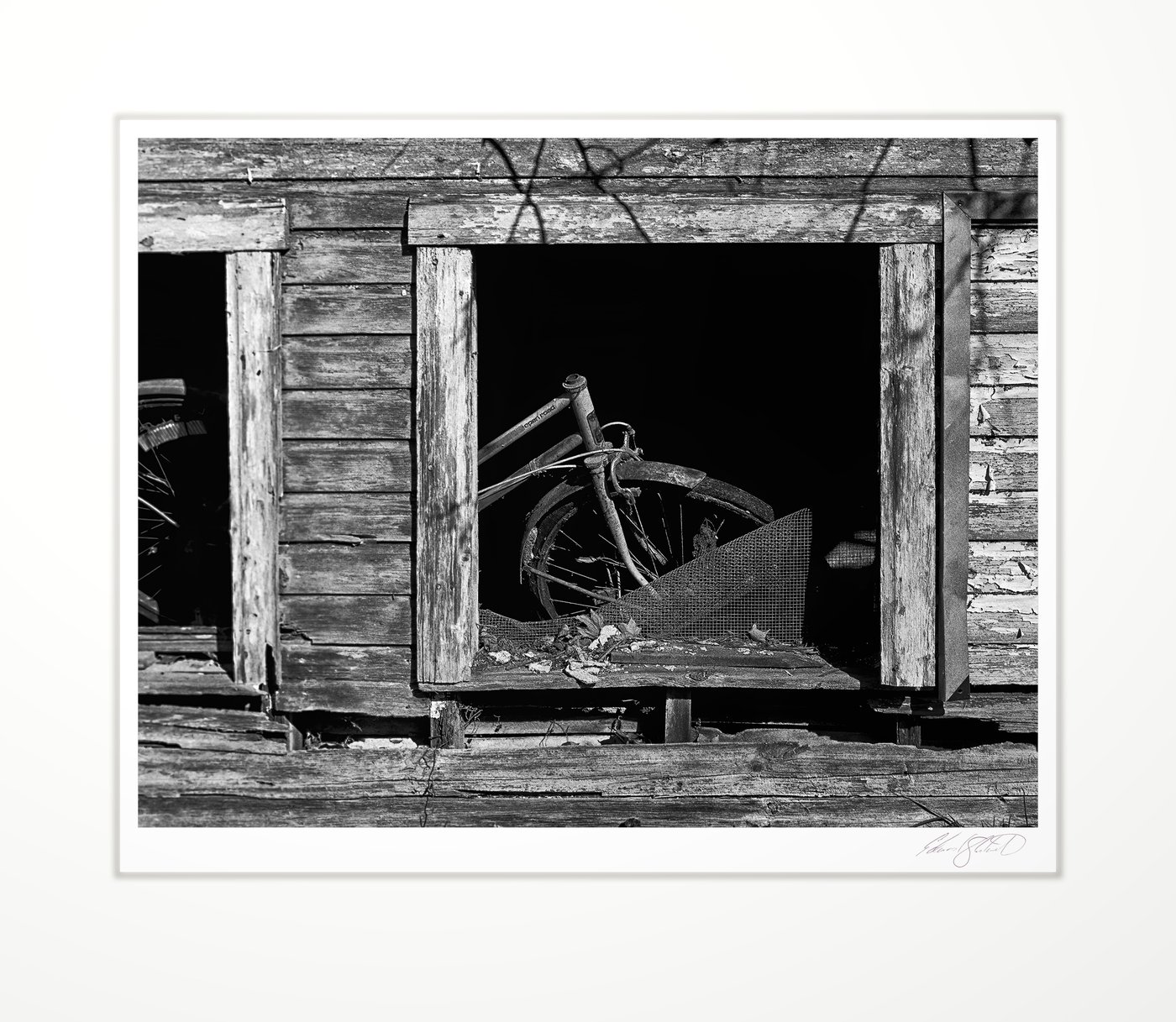 Old bicycle seen through a barn window