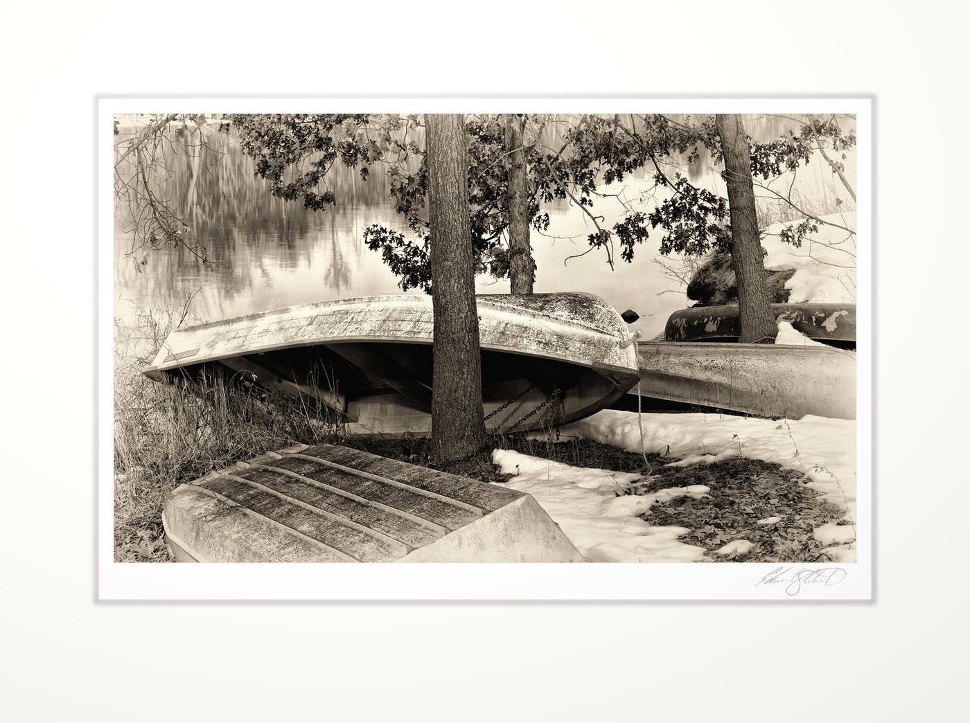 Overturned boats under snow-dusted trees