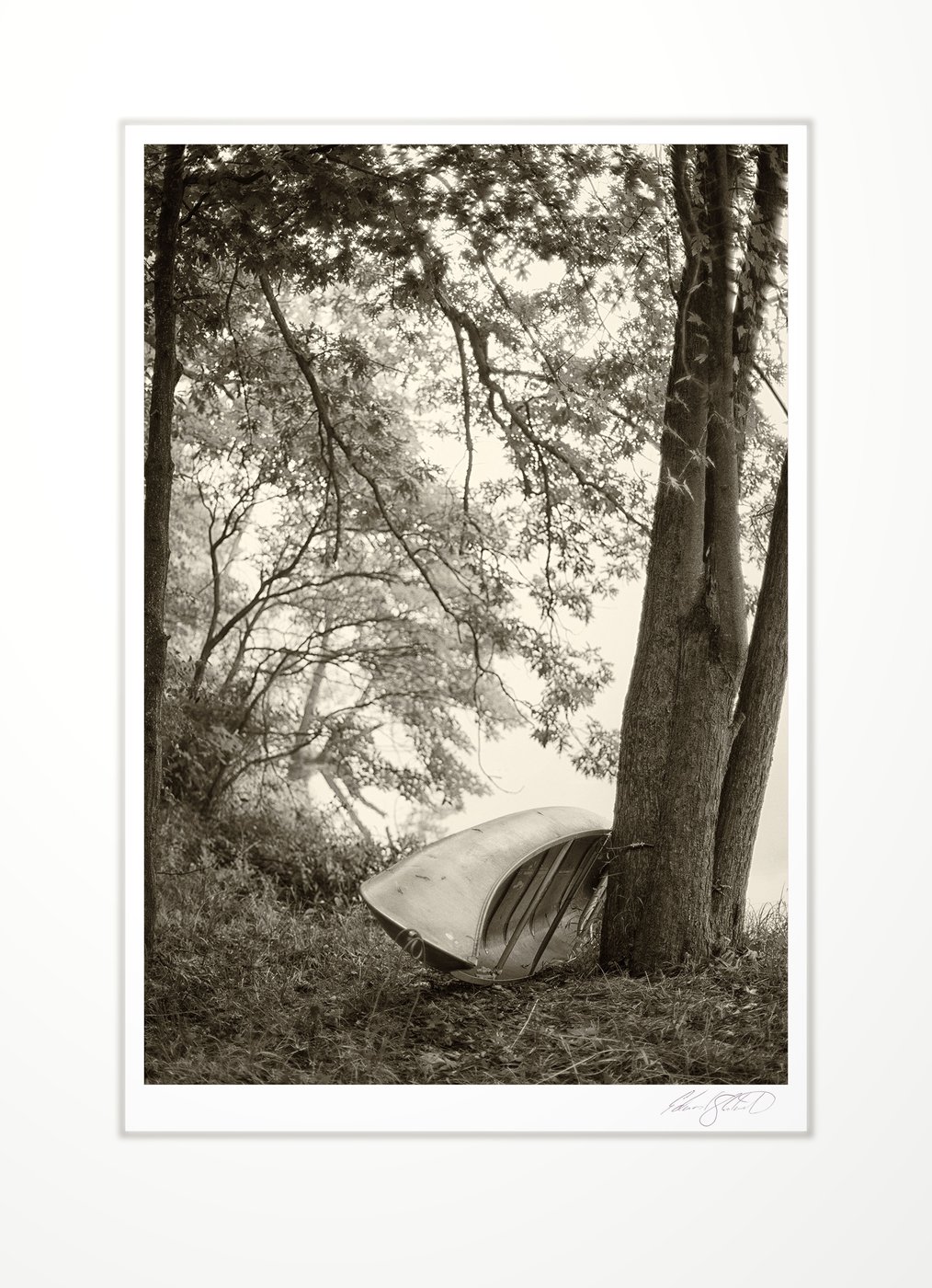 Overturned canoe by a lakeshore