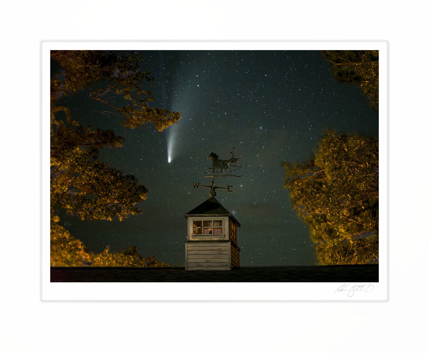 Comet Neowise streaking across a starry sky above a weathervane cupola