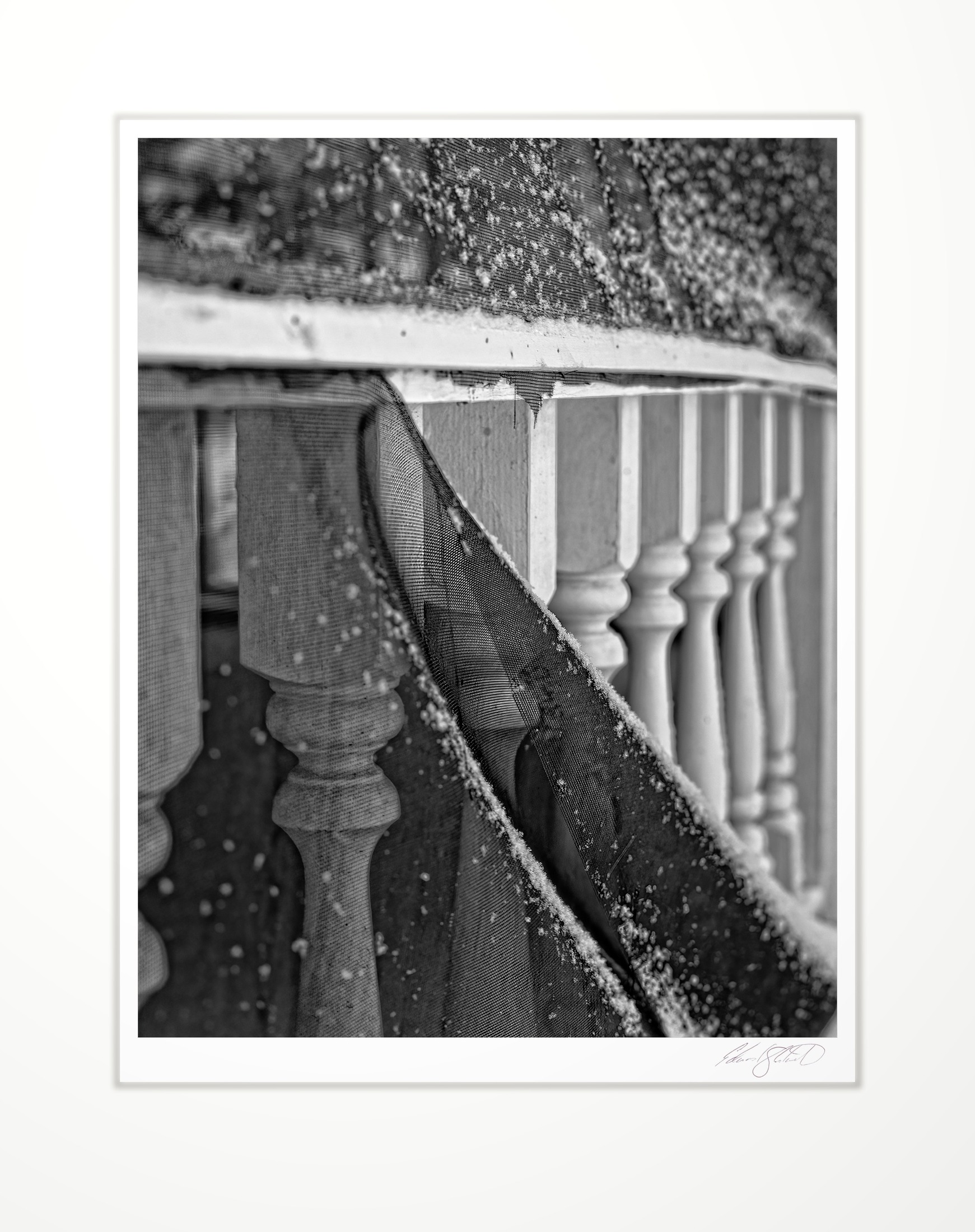 A torn porch screen and railing